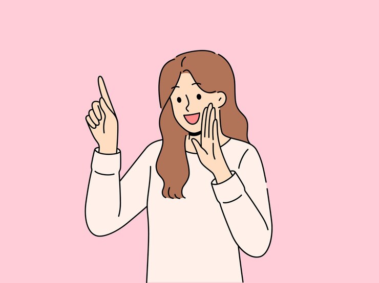 Vektor woman tells secret by putting palm to mouth and pointing finger up recommend paying attention to ads