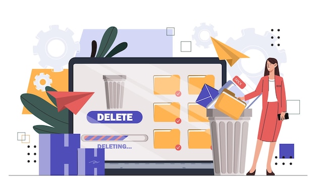 Woman with deleting data young girl with folders with files near trashcan empty space at storage and