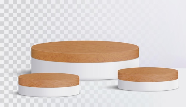 Wood round podium on transparent background for cosmetic product presentation. 3d geometric pedestal