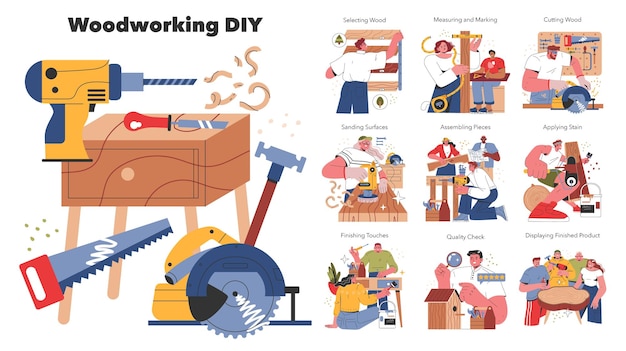 woodworking diy steps set from selecting wood to displaying finished products the creation process