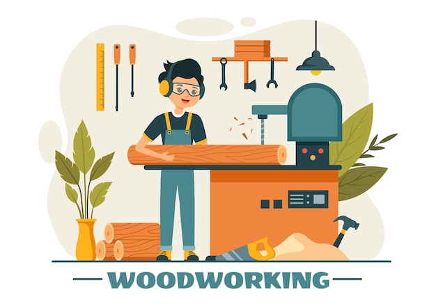 woodworking vector illustration featuring modern craftsmen and workers producing furniture using tools presented in a flat cartoon style background