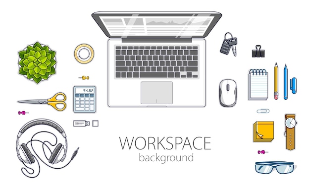 Work desk workspace top view with laptop computer and a lot of different stationery objects on table isolated, look above. All elements are easy to use separately or recompose the illustration. Vector