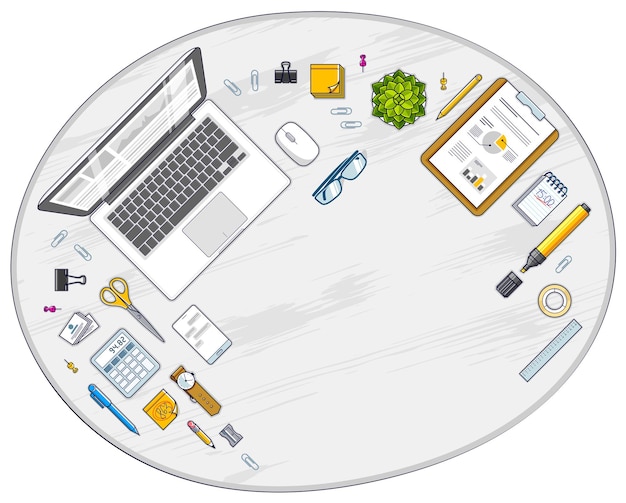 Work desk workspace top view with PC notebook and analytics papers with graphs and data and stationery objects on table. All elements are easy to use separately or recompose illustration. Vector.