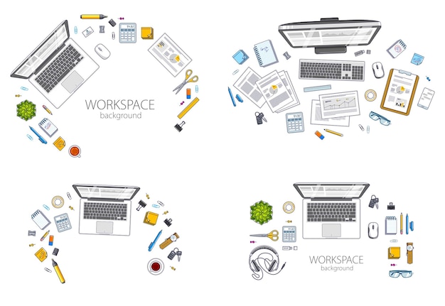 Work desks workspaces top view with PC or laptops and a lot of different stationery objects and analytics documents on tables look above All elements are easy to use separately Vector set