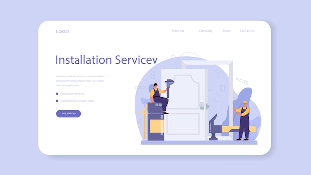 Worker in uniform install door web banner or landing page.