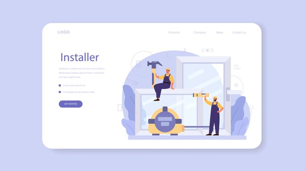 Worker in uniform install window web banner or landing page