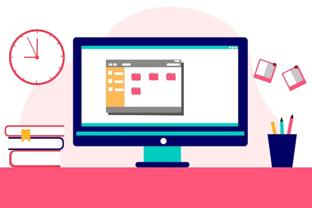 workspace with a computer books clock pencil case vector illustration in flat style