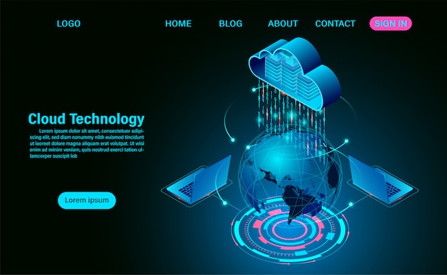 world cloud technology concept. online computing technology. big data flow processing concept on map. isometric flat design  illustration