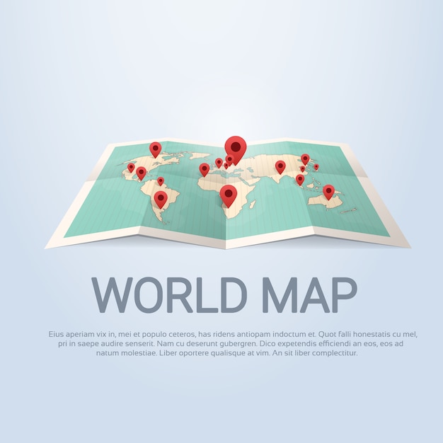 World Map Earth With Pins Travel Concept