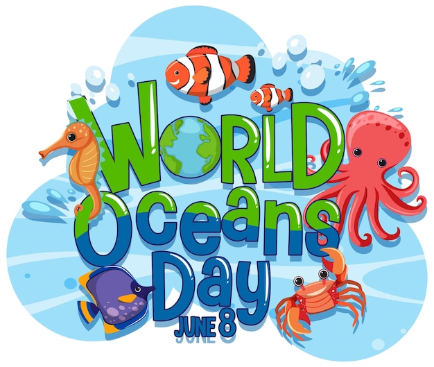 world ocean day banner with sea animals cartoon character