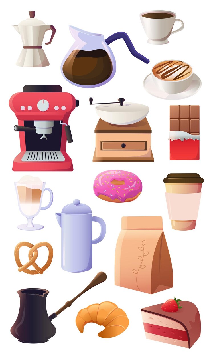 XAset of objects for making coffee cups teapots food desserts breakfast