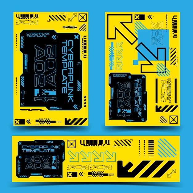 y2k 2000s scifi cyberpunk gaming retrofuturistic layout poster banner template set dashboard hud for uxui application 2d vector illustration