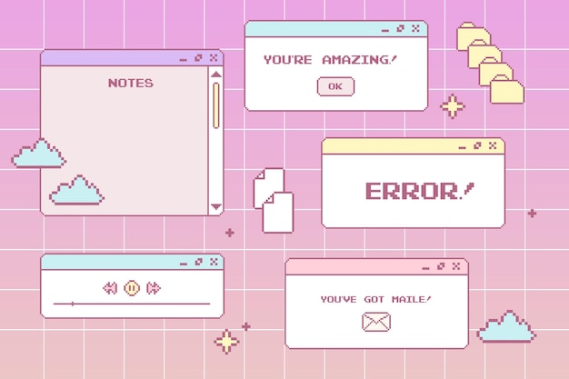 y2k interface Retro browser computer window set pastel Retrowave pc desktop with message boxes