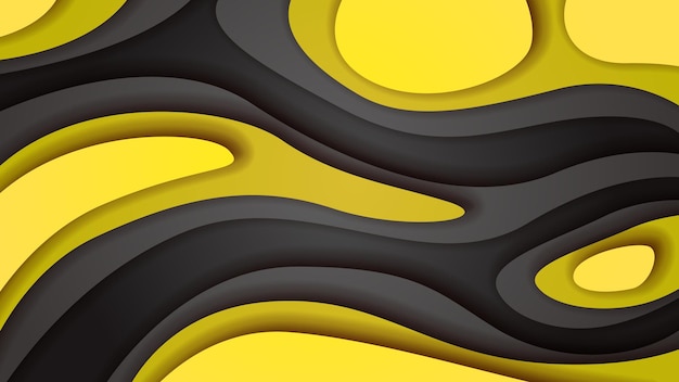 Yellow And Black Wavy Abstract Paper Cut Background Vector Shadows 3D Smooth Objects Modern Design