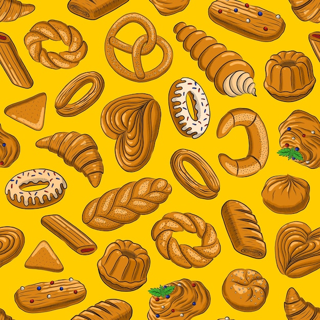 YELLOW SEAMLESS VECTOR BACKGROUND WITH DELICIOUS SWEET PASTRIES