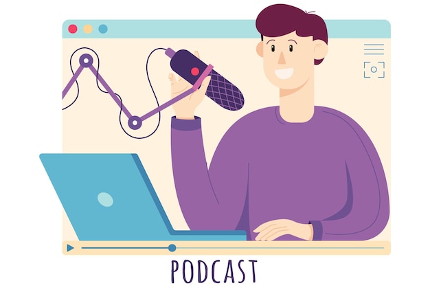Young adult man recording podcast live streaming in the Internet window  flat style