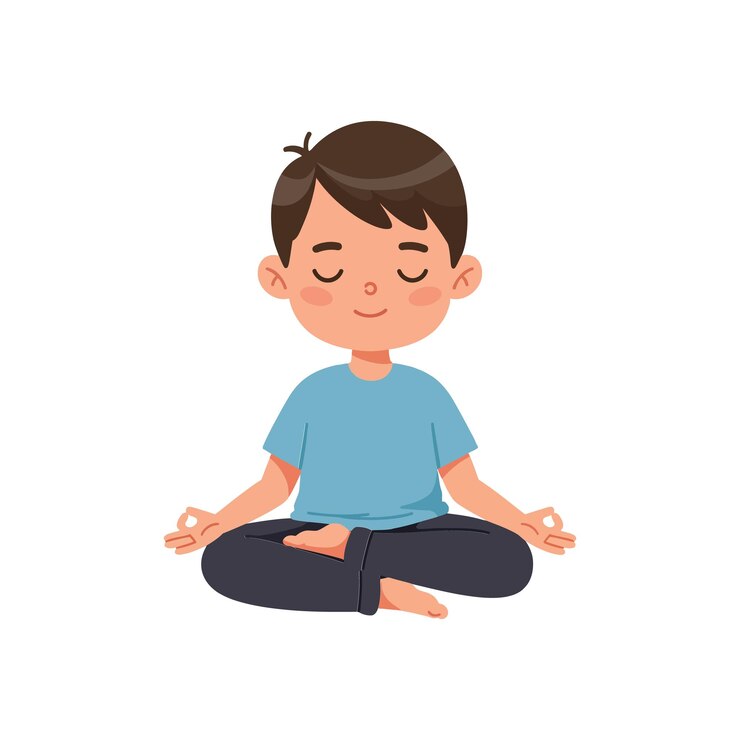 Young boy practicing mindfulness with closed eyes in a serene pose flat design vector illustration