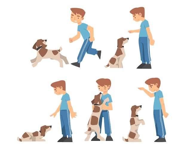 Young Boy Training His Dog Teaching Him Sitting on Command Vector Set