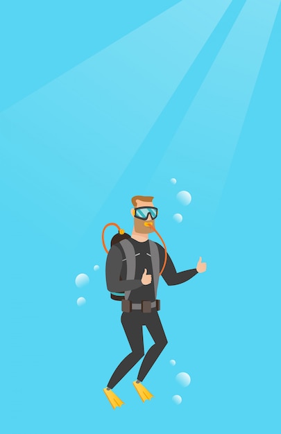 young caucasian scuba diver giving thumb up
