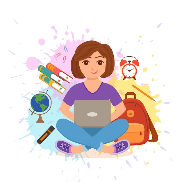Young girl working on computer colorful vector education concept. Cartoon flat style illustration student with laptop, books, clock, and schoolbag. Female character freelancer.