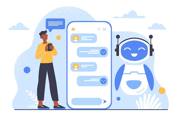 Young guy near smartphone with chatbot Artificial intelligence and machine learning concept Modern technologies and innovations Cartoon flat vector illustration