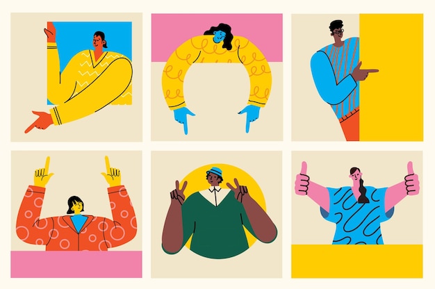 young happy excited men and women pointing with fingers showing with hands positive emotions flat graphic vector illustrations isolated on color background