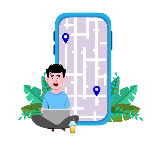 young man  outdoor sitting routes and location checking. using computer and mobile application with map .