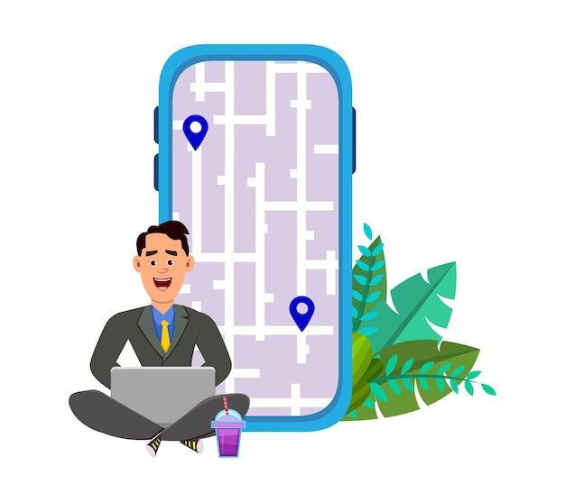young man sitting outdoor and checking routes and location.  using mobile and computer application with map .