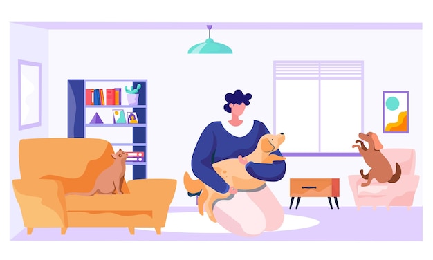 young woman is at home with her dogs and cat on armchair in livingroom with window bookcase