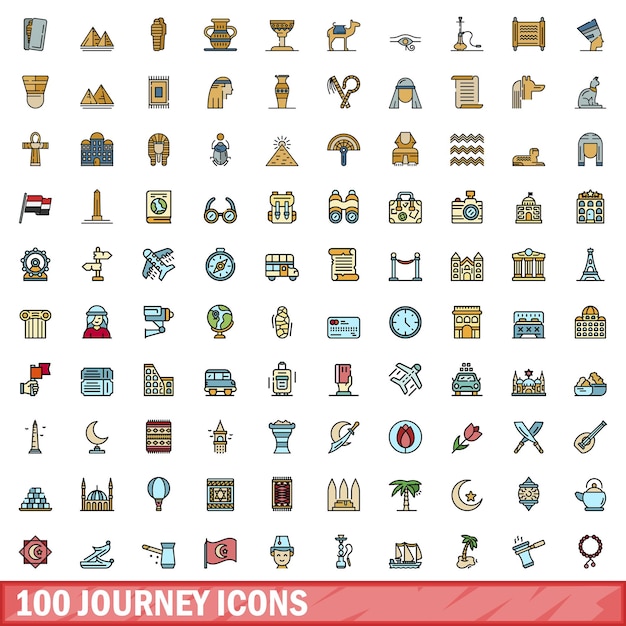 100 journey icons set Color line set of journey vector icons thin line color flat on white