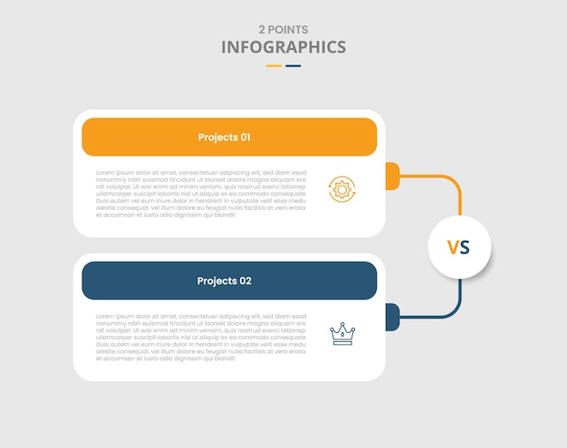 2 points comparison versus for infographic with round box container with stacked list line connection with drop shadow with two point list information