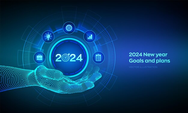 2024 New year Goals and business plans icon in wireframe hand Goal acheiveement and success in 2024
