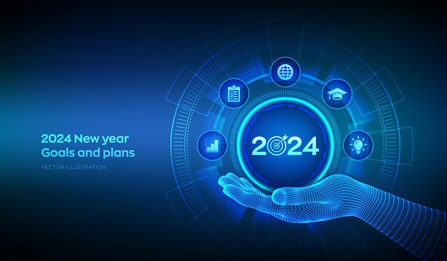 2024 New year Goals and plans icon in wireframe hand Goal acheiveement and success in 2024