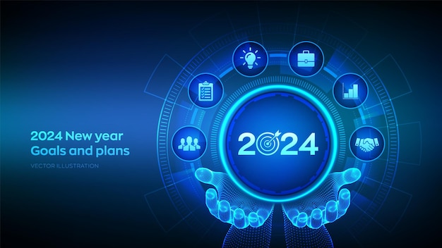 2024 New year Goals and plans icon in wireframe hands Goal acheiveement and success in 2024