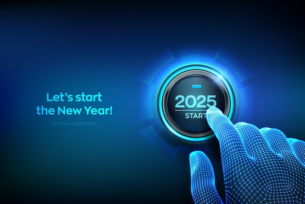 2025 start Finger about to press a button with the text 2025 start Happy new year New Year two thousand and twenty five is coming concept Vector illustration