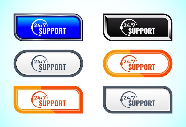 247 Support button set of different shapes and colors Suitable for mobile app and website UI design
