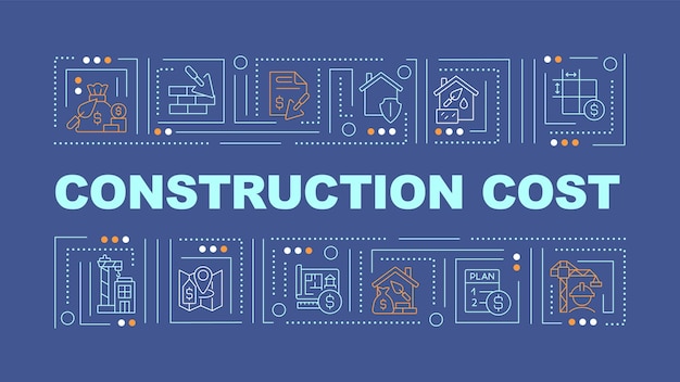 2D construction cost text with various thin line icons concept on dark blue monochromatic background editable 2D vector illustration