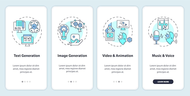 2D icons representing AI for SEO mobile app screen set Walkthrough 4 steps colorful graphic instructions with thin linear icons concept UI UX GUI template