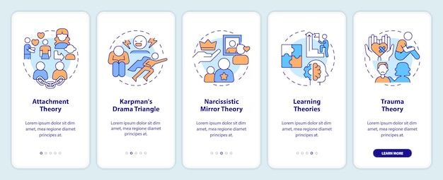 2D icons representing codependent relationship mobile app screen set Walkthrough 5 steps multicolor graphic instructions with line icons concept UI UX GUI template