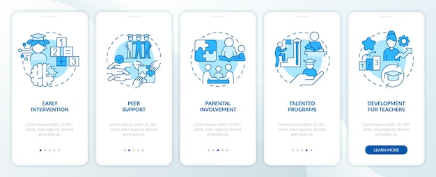2D icons representing learning theories mobile app screen set Walkthrough 5 steps blue graphic instructions with thin line icons concept UI UX GUI template