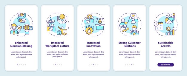 2D icons representing mindful entrepreneurship mobile app screen set