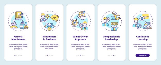 2D icons representing mindful entrepreneurship mobile app screen set