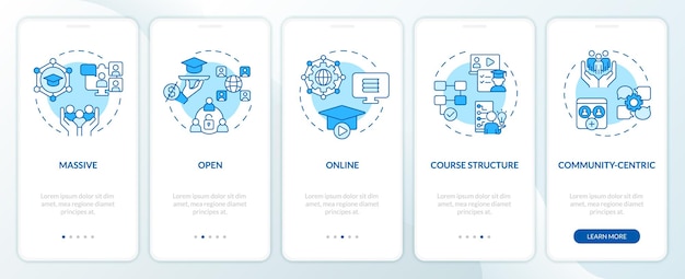 2D icons representing MOOC mobile app screen set Walkthrough 5 steps blue graphic instructions with simple thin linear icons concept UI UX GUI template