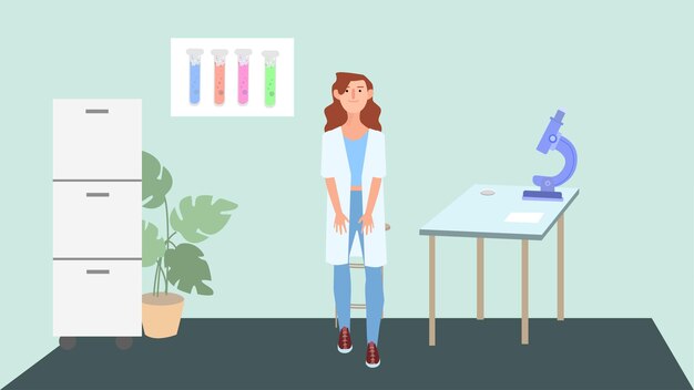 2D vector illustration of female doctor standing in laboratory