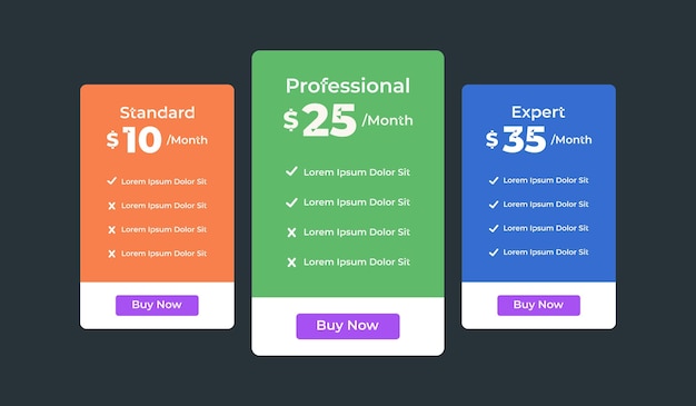 3 column comparison price chart template design for web business