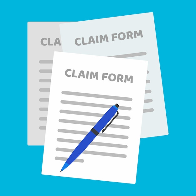 3 paper sheets with claim form to fill out and text on it and pen flat style design