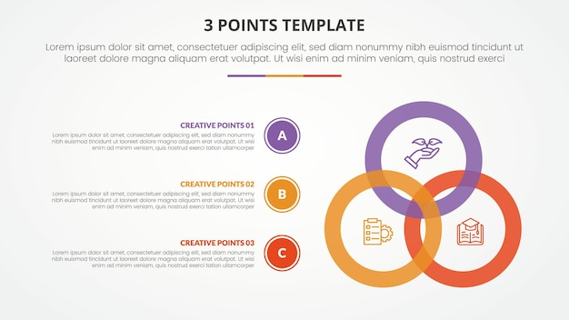 3 points stage template infographic concept for slide presentation with outline circle linked connection cycle with 3 point list with flat style