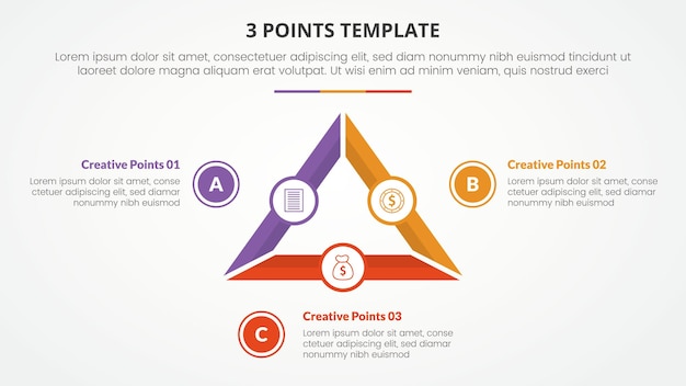 3 points stage template infographic concept for slide presentation with triangle cycle circular outline circle piechart with 3 point list with flat style