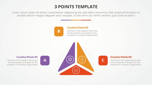 3 points stage template infographic concept for slide presentation with triangle cycle circular slice on center with 3 point list with flat style