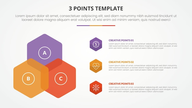 3 points stage template infographic concept for slide presentation with venn hexagon shape triangle structure with 3 point list with flat style